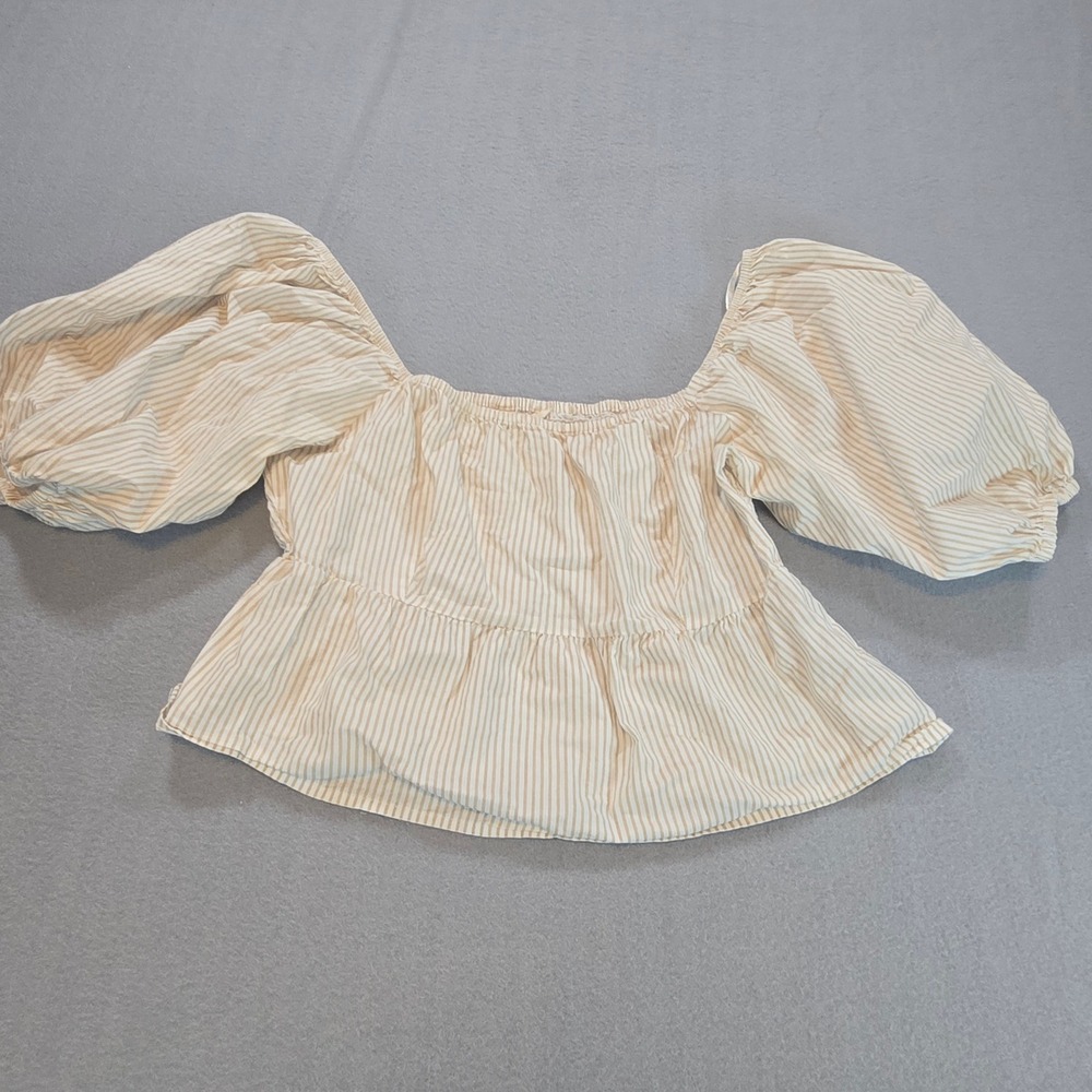 Sim & Sam Peplum Top Womens Medium Tan White Striped Puff Sleeve‎ Smocked Back